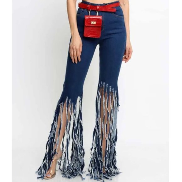 NWT Blue Frayed Fringed Flared Too Shreds Jeans - Picture 1 of 2
